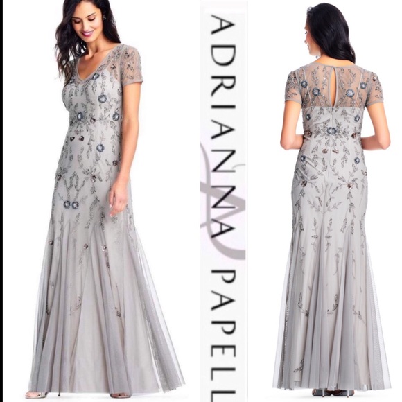 Adrianna Papell Beaded short sleeves V-neck Godet long Gown - Picture 2 of 11